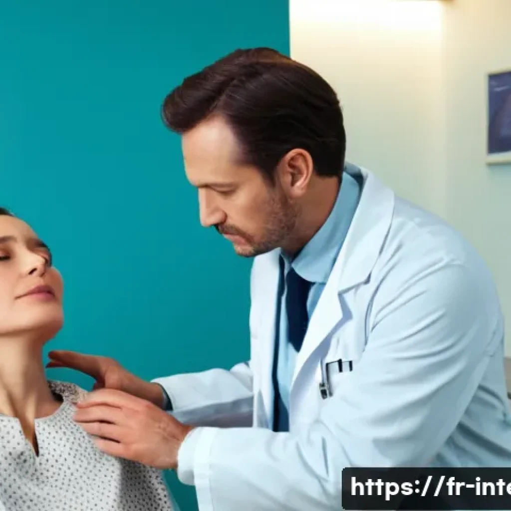 갑상선암 진단 절차 - A detailed medical scene showing a middle-aged French-speaking male doctor performing a gentle thyro...