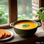 위염 환자를 위한 식단 추천 - A cozy French kitchen scene featuring a rustic wooden table set with a steaming bowl of creamy carro...