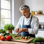 고혈압 원인과 해결 - A detailed scene of a modern French kitchen with a middle-aged person preparing a healthy homemade m...