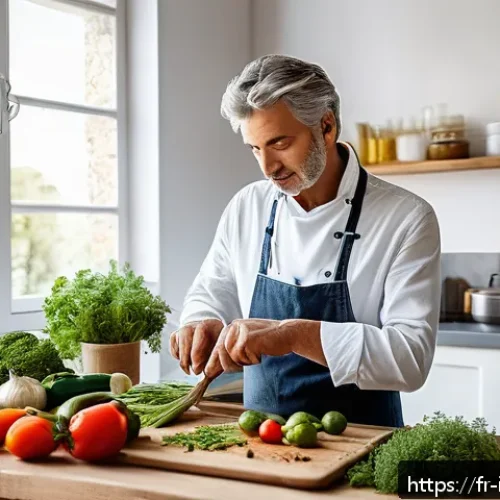 고혈압 원인과 해결 - A detailed scene of a modern French kitchen with a middle-aged person preparing a healthy homemade m...
