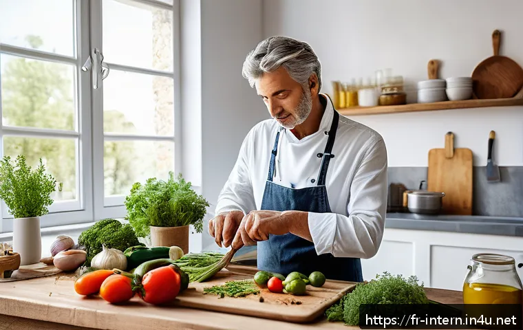 고혈압 원인과 해결 - A detailed scene of a modern French kitchen with a middle-aged person preparing a healthy homemade m...
