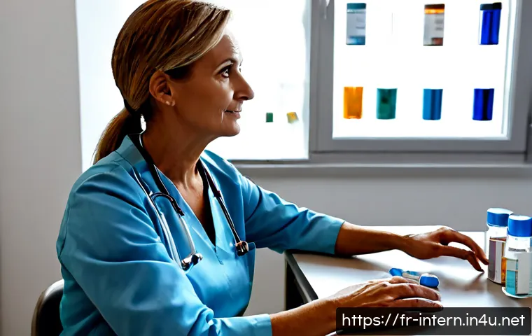 내과 약물 치료 장단점 - Photorealistic French internal medicine consultation, a calm middle-aged patient in everyday Europea...