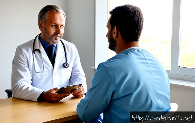 소화불량 진단 검사법 - Photorealistic French medical consultation for indigestion diagnosis, a middle-aged patient seated c...